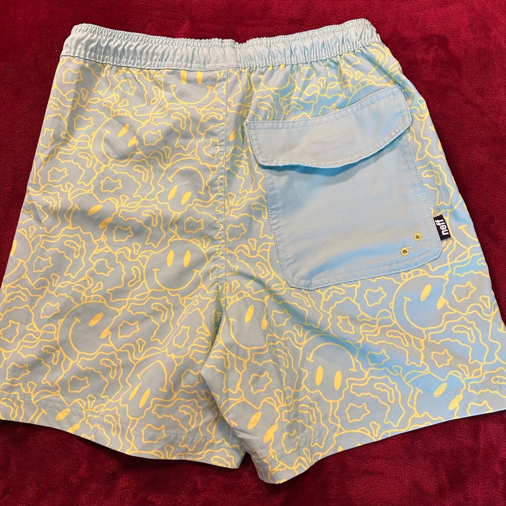 Neff Mens Swim Trunks Medium Blue Yellow Smiley Face Print Drawstring Shorts - Picture 7 of 9